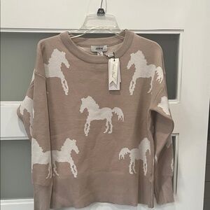 Jason Wu Taupe Crewneck Sweater with Cream Horse Motif